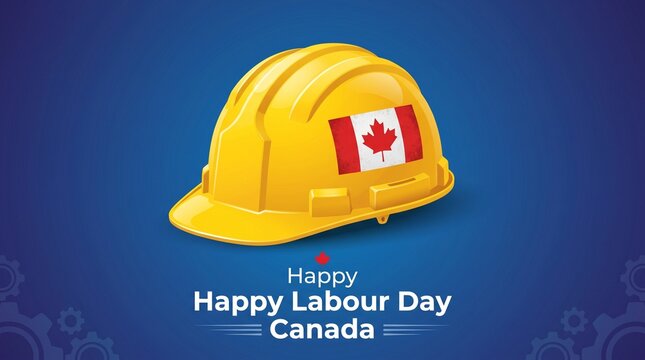 Happy Labour Day Canada greeting with yellow hard hat, Canadian flag on construction helmet, industrial worker holiday banner