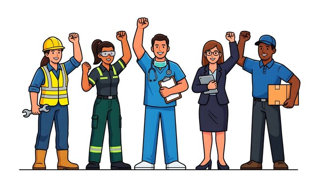 Diverse group of essential workers standing together with fists raised in unity and celebration of labor and professional teamwork