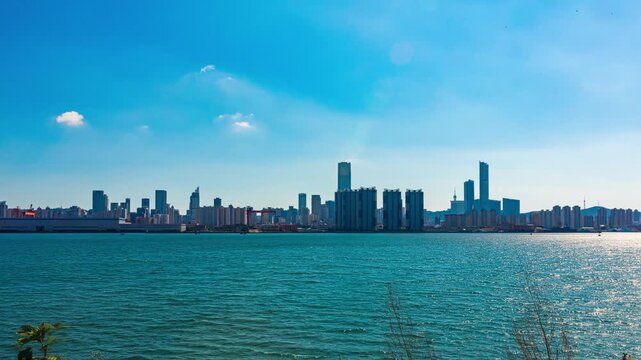 Dalian China Waterfront Skyline Across Blue Bay