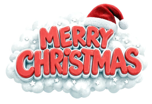 Festive merry christmas text with a red santa hat on fluffy white clouds and stars