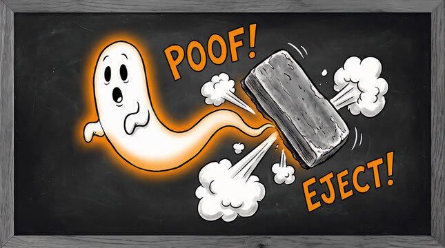 A cartoon ghost is ejected from a chalkboard with dynamic text and smoke effects apparition phantom