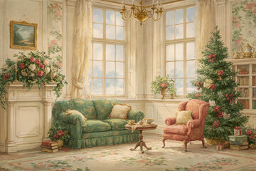 Naklejka premium Victorian living room watercolor painting featuring Christmas tree, fireplace, elegant furniture, and ornate wallpaper
