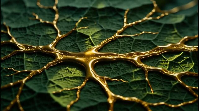 Golden neural network flowing over textured green leaf surface, showcasing intricate dendritic patterns and biological inspiration