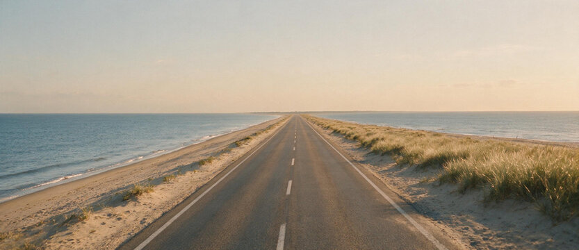 Empty straight asphalt road stretching to horizon along coastal beach. Scenic highway surrounded by sand dunes and ocean water during golden hour. Remote travel journey