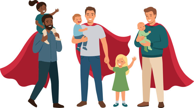 Superhero fathers vector set with diverse happy dads wearing red capes holding babies walking with children and giving piggyback rides.