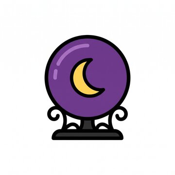 Minimalist flat icon featuring a purple crystal ball with a crescent moon inside, resting on a decorative black stand for magic, Halloween, or fortune-telling themes.