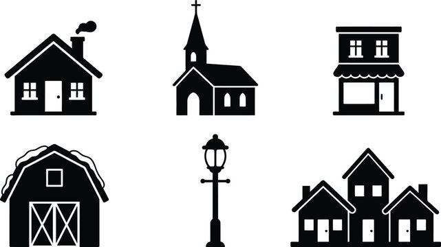 Collection of black building silhouettes featuring house church shop barn street lamp