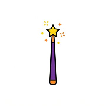 Colorful magical star wand icon featuring purple handle, yellow star tip, and sparkling magical dust details, isolated on a white background for Halloween or fantasy designs.