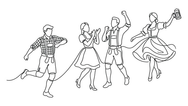 Continuous line drawing of people dancing at Oktoberfest celebration.