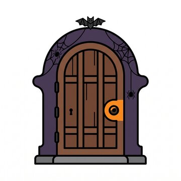 Spooky Halloween wooden door vector illustration featuring a purple arch with cobwebs, hanging spiders, and a bat perched on top, perfect for seasonal decor.