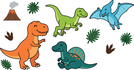 Cute Dinosaur Vector Clipart Set Featuring Cartoon Tyrannosaurus Rex Spinosaurus Raptor Pterodactyl Erupting Volcano and Tropical Leaf Elements for Kids Designs © SARIFA