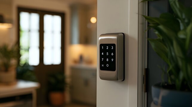 A modern digital keypad lock mounted on a white wall beside a glass door with a potted plant nearby