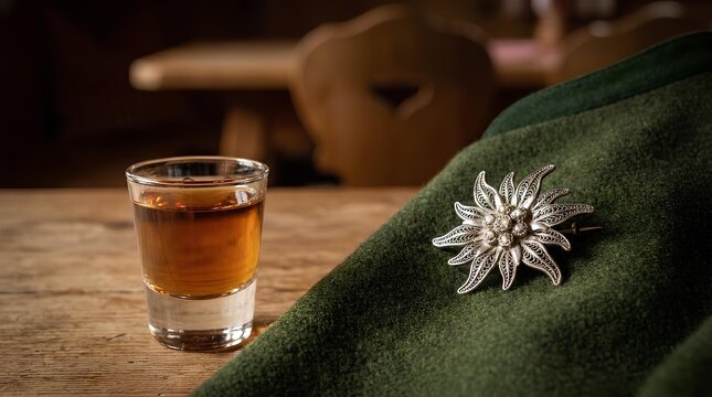 Glass of spirit next to edelweiss brooch on green wool fabric.