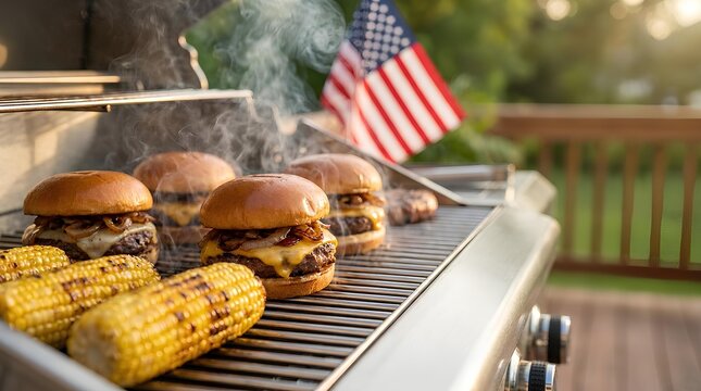 Grilling burgers and corn on outdoor barbecue with American flag.