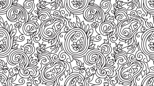 Vintage paisley seamless pattern. Black and white line art background with ornate floral motifs and teardrop swirls. Traditional ethnic ornament vector. Scandinavian style blackwork design.