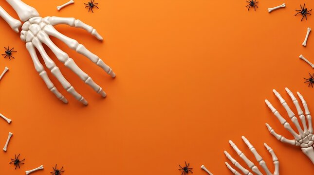 Halloween skeleton hands and spiders on orange background with copy space