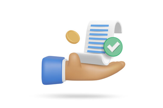 3D cartoon businessman&rsquo;s hand holding a paper bill receipt with a gold coin and green checkmark icon, representing invoice transaction confirmation and payment approval, isolated on transparent backgr