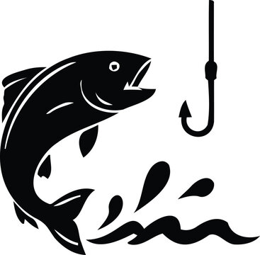 Black silhouette of a jumping fish with a fishing hook above a wavy water surface angling aquatic
