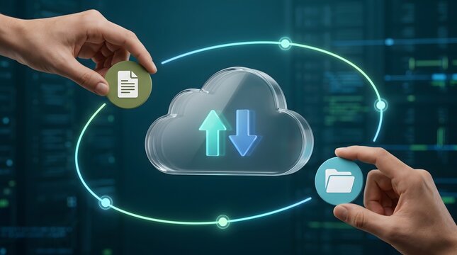 Hands passing document and folder tokens around a glass cloud icon with upload download arrows, symbolizing data synchronization and file exchange