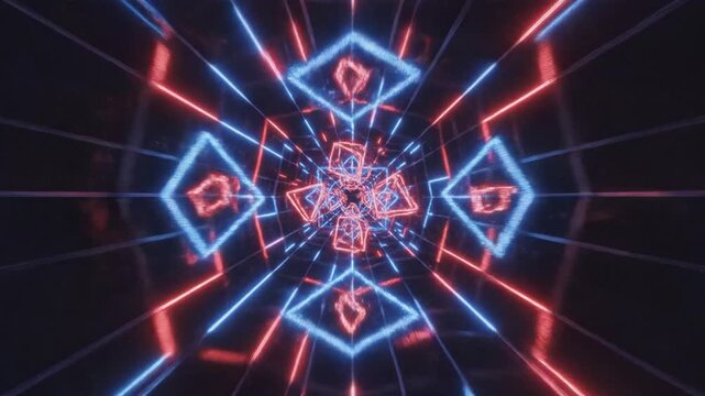 Glowing neon geometric tunnel with abstract shifting light patterns
