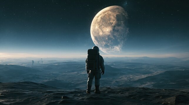 A brave astronaut stands upon a desolate alien planet surface while looking toward the glowing celestial moon that hangs brilliantly in the vast dark expanse of the star filled night cosmic