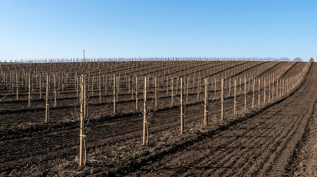 Expansive winter vineyard scene showcasing long, dormant rows of grapevines supported by wooden stakes under a clear, crisp blue sky, hinting at future harvest and agricultural beauty