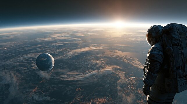 An intrepid explorer stands high above a distant planet while watching the brilliant sun rise over the curved horizon during an epic journey through the vast and mysterious reaches of outer