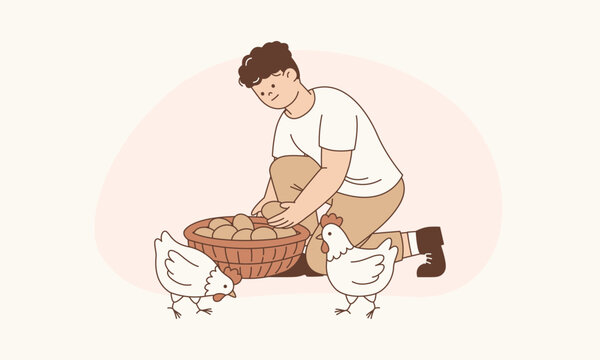 Man Harvesting Fresh Eggs from Chicken Coop Illustration