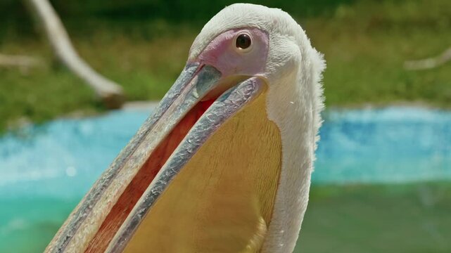 Close-up of great white pelicans with large yellow beaks resting in a zoo aviary behind protective glass.