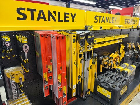 Palma, spain, august 2, 2026, stanley tools display at hardware store offering wide range of levels, ratchets, and power tool cases