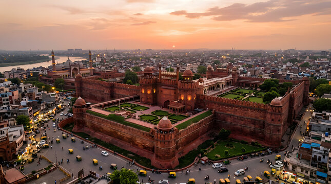 Aerial View of Lahore Fort at Sunset in Pakistan