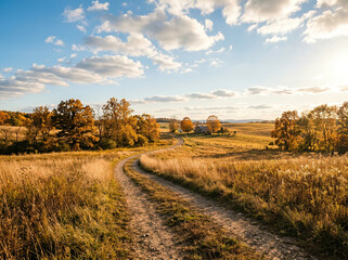 Fototapeta premium Dirt path through golden grass leading to a distant farm in autumn in soft daylight
