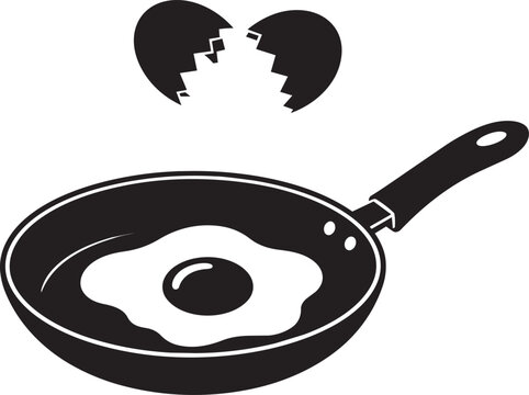 frying pan with fried egg and broken eggshells cooking silhouette vector illustration