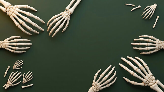 Top view of multiple skeleton hands arranged on a dark green background for a spooky halloween celebration