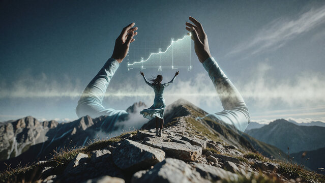 Woman stands atop a rocky mountain ridge with arms outstretched toward two giant translucent hands holding a glowing line graph against a blue sky.