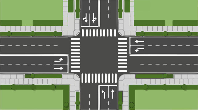 Top view four way road intersection vector illustration with crosswalks, sidewalk paving, and lane traffic markings