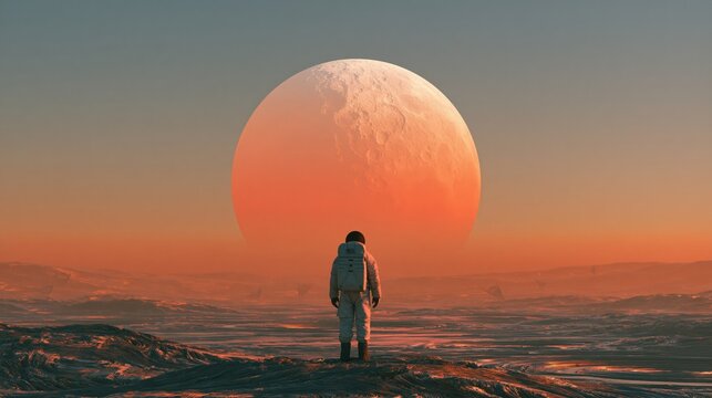 A solitary human explorer wearing a protective suit stands upon a dusty alien planet surface while gazing at the massive glowing celestial body rising over the vast horizon in deep outer space