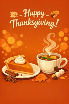 Warm thanksgiving greeting poster with pumpkin pie and steaming spiced tea cup for holiday background and seasonal banner design