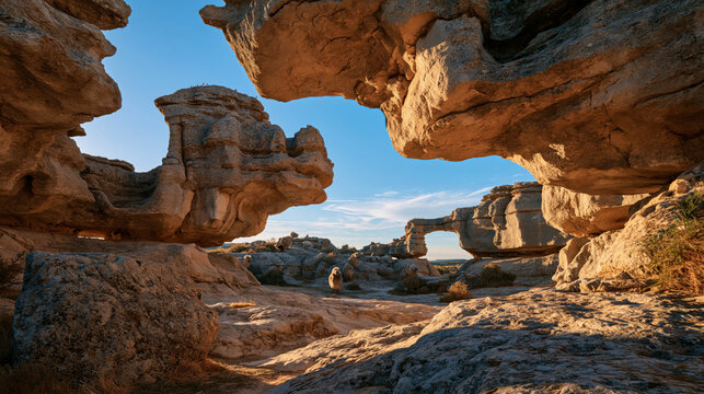 Dramatic rock formations in sunlit natural park with unique erosion shapes and clear sky backdrop