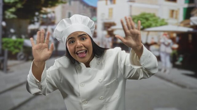 Young hispanic chef woman in white coat and toque presses both palms to glass, leaning forward with raised hands and startled face on street; surprise.