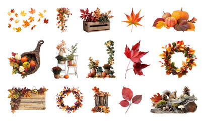 Naklejka premium PNG Autumn decorations with leaves, pumpkins, and wreaths, transparent background