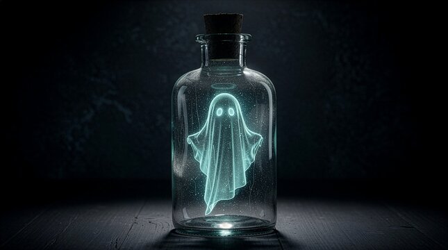 An ethereal glowing ghost trapped inside a transparent vintage glass bottle with a cork stopper, placed on a dark wooden surface with a spooky atmosphere.