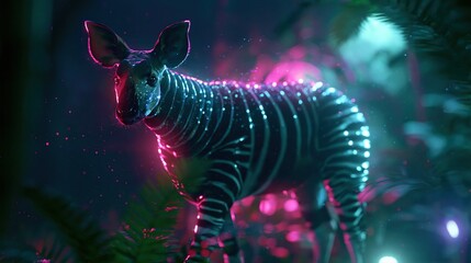Naklejka premium Neon glowing striped okapi standing in jungle