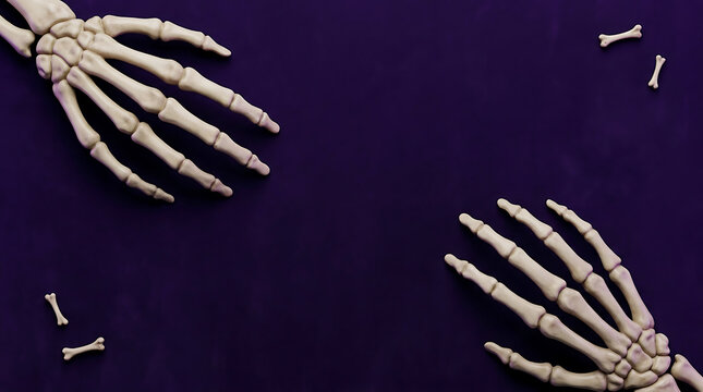 Two realistic human skeleton hands positioned on a dark purple background for a spooky halloween holiday design