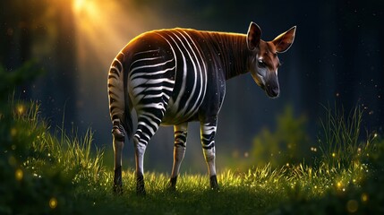 Fototapeta premium Zebra-striped okapi stands amidst tall green grass in forest setting