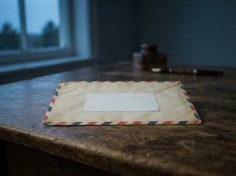 Aged brown envelope and an inkwell on a dark wooden writing desk table