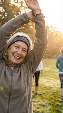 Smiling older woman stretching outdoors in a park during sunrise, with other individuals engaged in fitness activities in the background