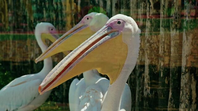 Close-up of great white pelicans with large yellow beaks resting in a zoo aviary behind protective glass.