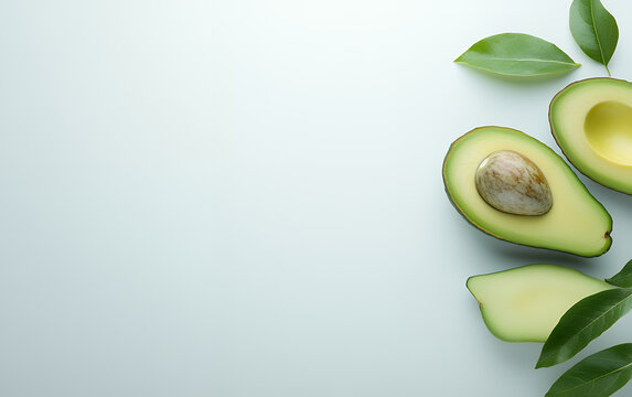 Sliced avocado with leaves on a light background, highlighting freshness and nutrition with ample copy space