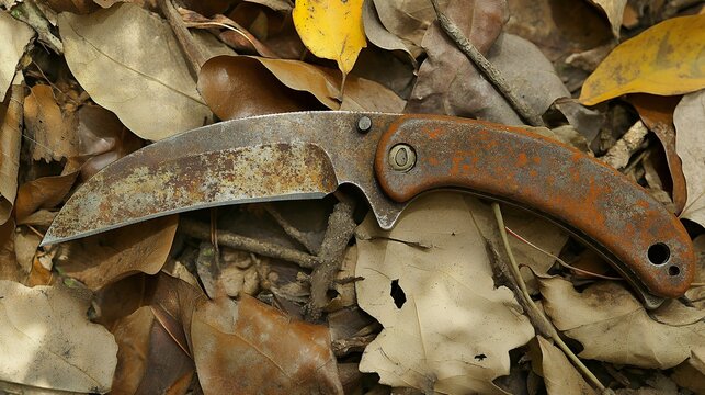 A rusty folding knife lies on a bed of fallen leaves